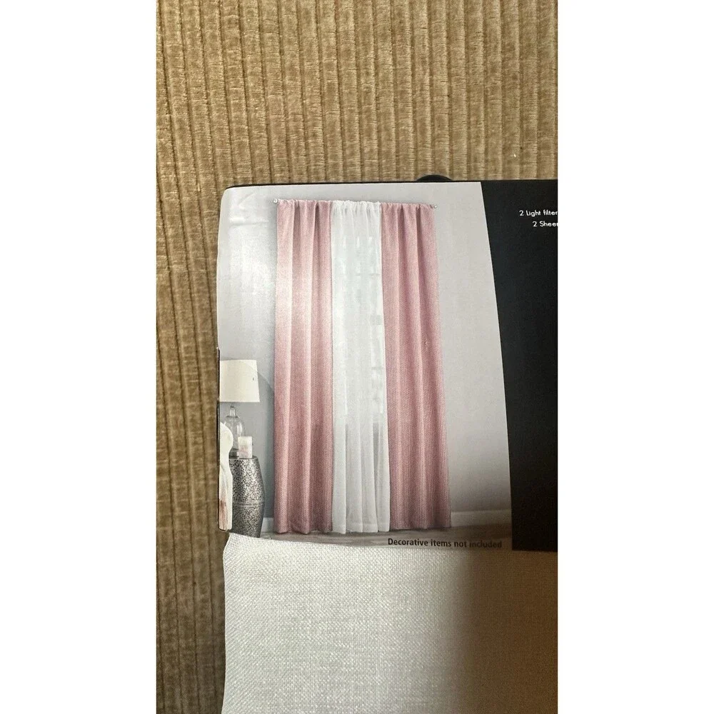 4 Piece Window Curtain Set 84 Inch Red White Sheer Light Filtering New